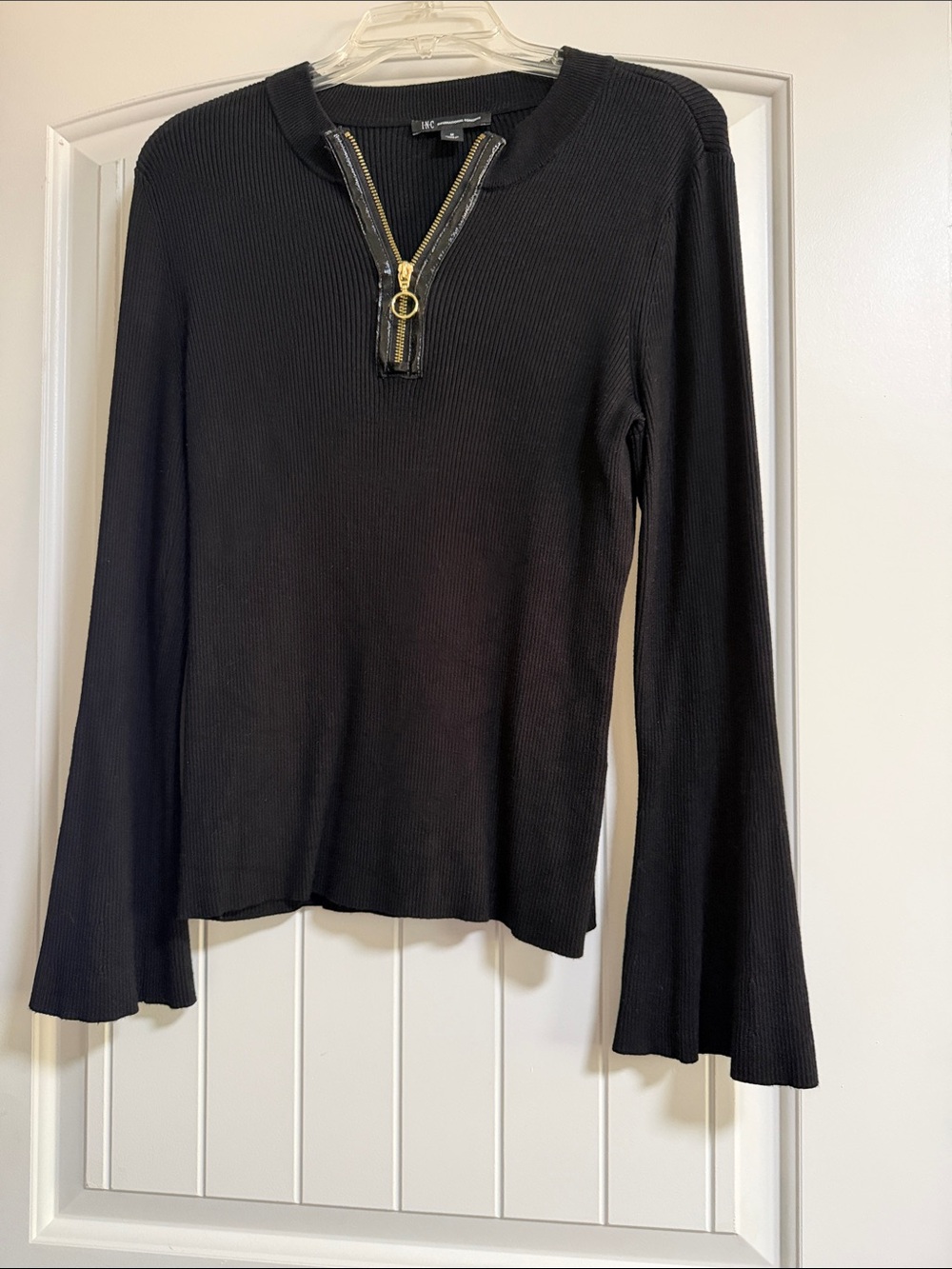 INC International Concepts Black Ribbed Long Sleeve Top with Gold Zipper